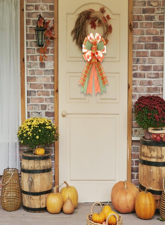 Ftuuo Large Orange Green Buffalo Plaid Wreath Bows, Fall Farmhouse Maple Bow for Wreath Crafts Decorative Hanging Ornament Bow for Harvest Thanksgiving Indoor Outdoor Holiday Autumn Party Decor - Image 5